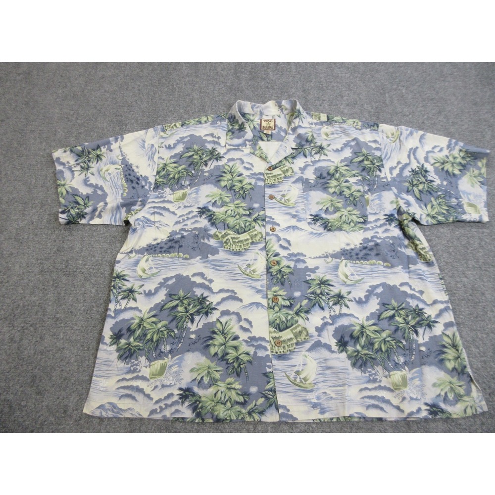 Tommy Bahama Shirt Mens 2XL Blue Green Silk Cotton Hawaiian Camp Aloha Casual